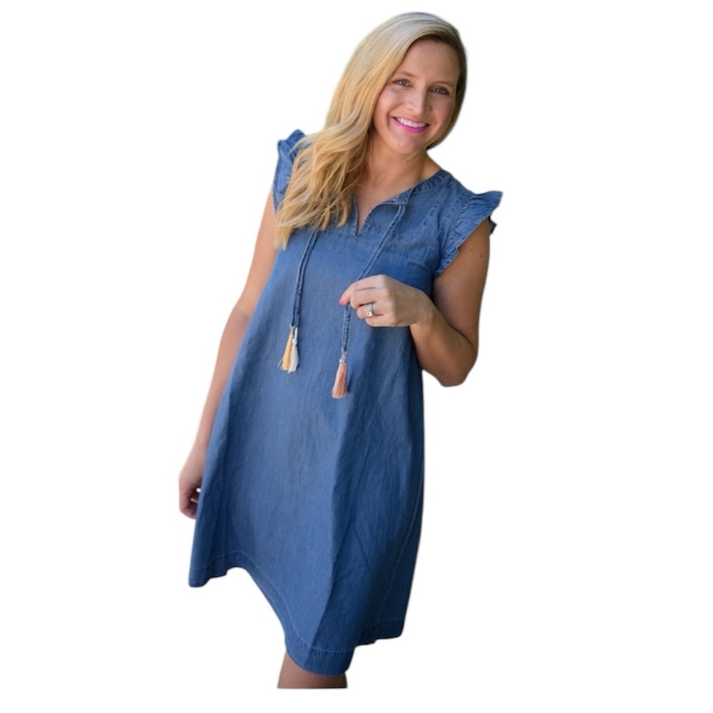 LOFT Denim-Style Blue Midi Dress with Tassel Details